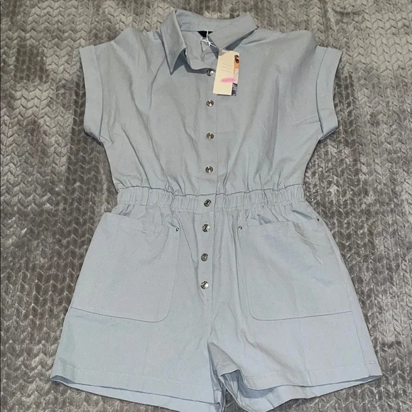 NWT Dokotoo Utility Cargo Romper. Cotton and Linen/Denim. Size Large. Gray. - Picture 1 of 10